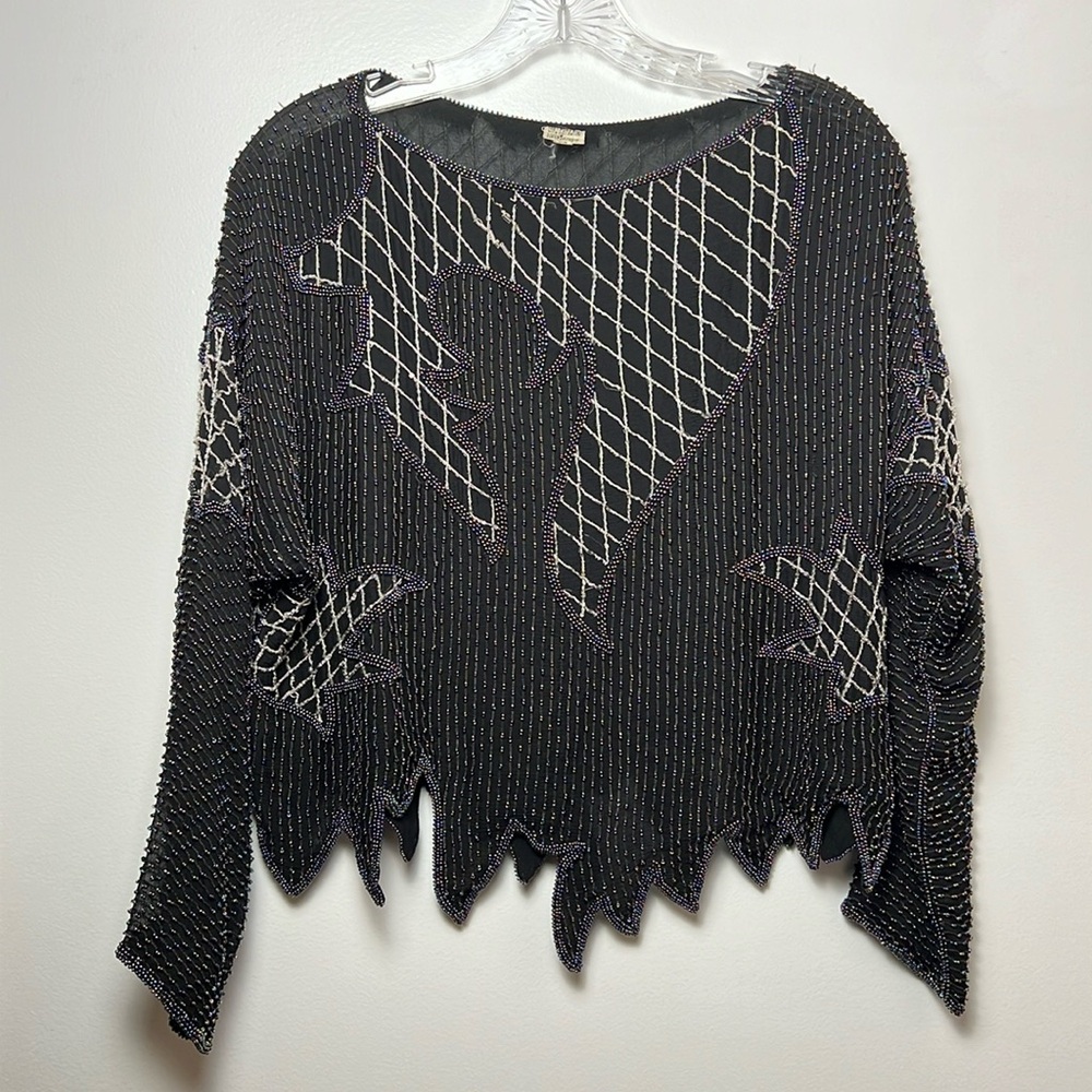 Vintage Women's Silk Beaded Long Sleeve Top - Size Medium